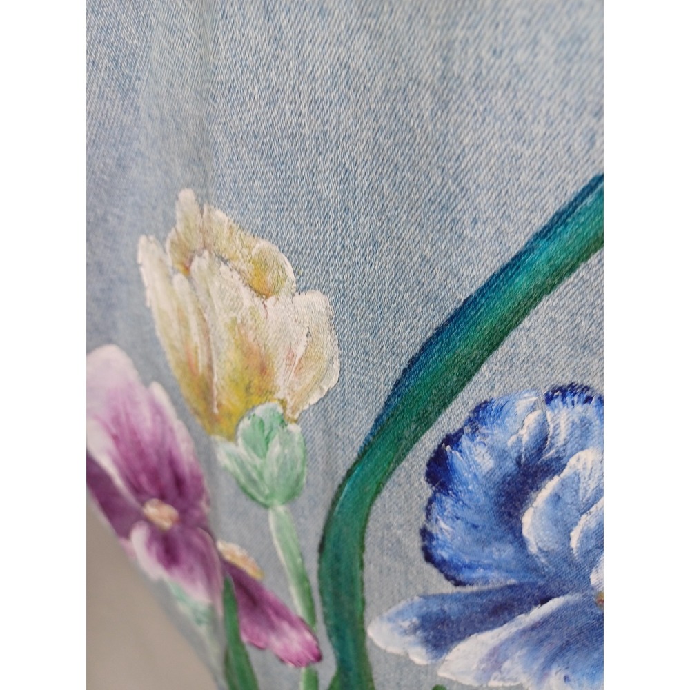 Sun Belt Denim Shirt Womens Small Blue Hand Painted Iris Floral Button Up - Picture 5 of 6